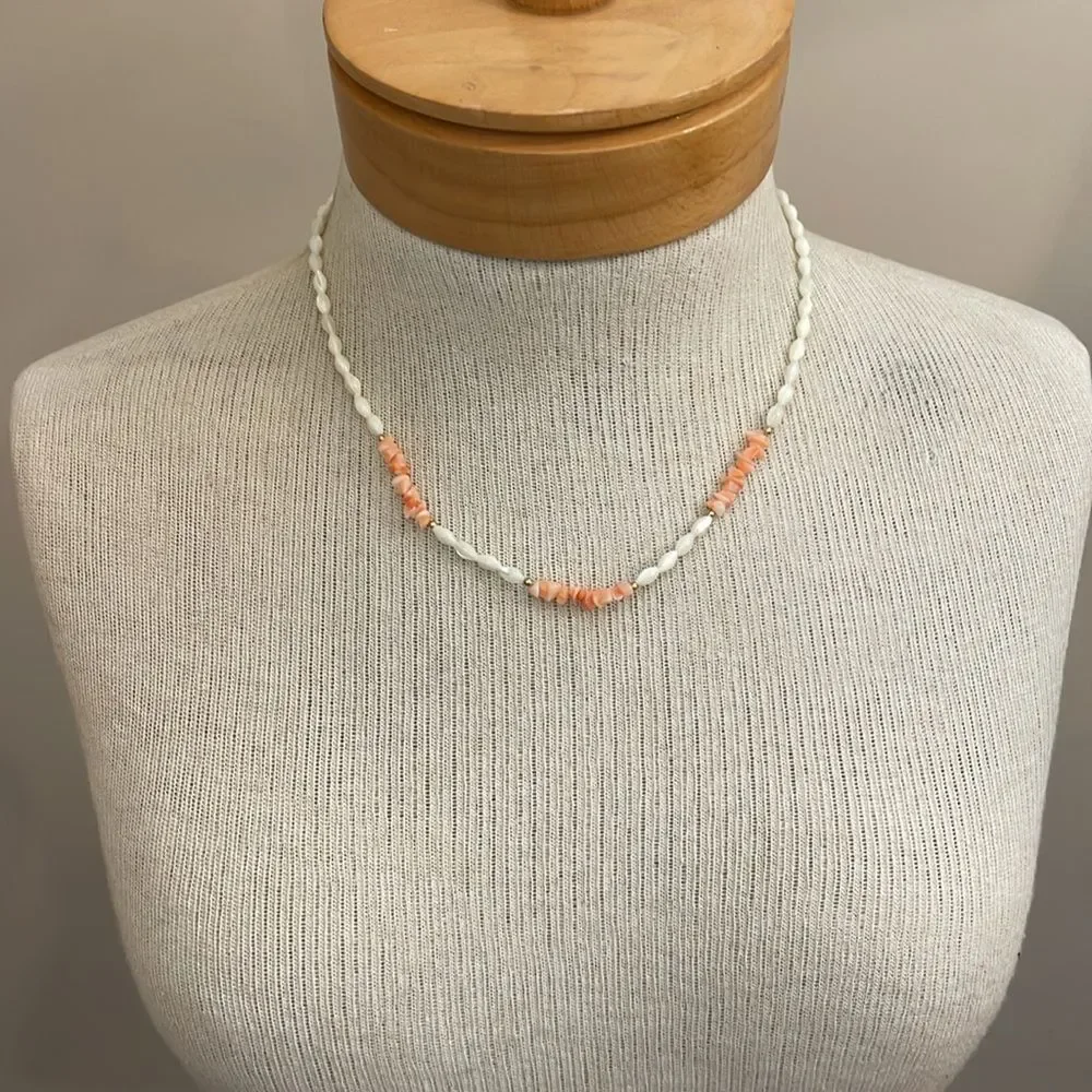 Vintage Lucoral Single Strand Coral & Mother of Pearl Necklace Rice Beads
